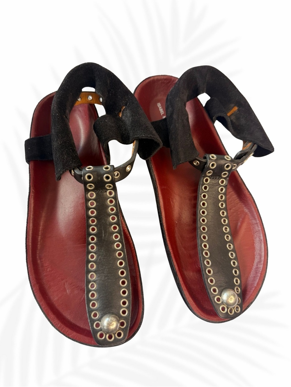 Isabel Marant Leather Studded T-Strap Sandals Black Suede 35 Boho